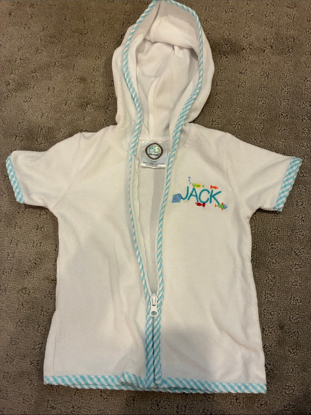 White Hooded Baby Towel Robe with Blue Trim - "Jack" Embroidery